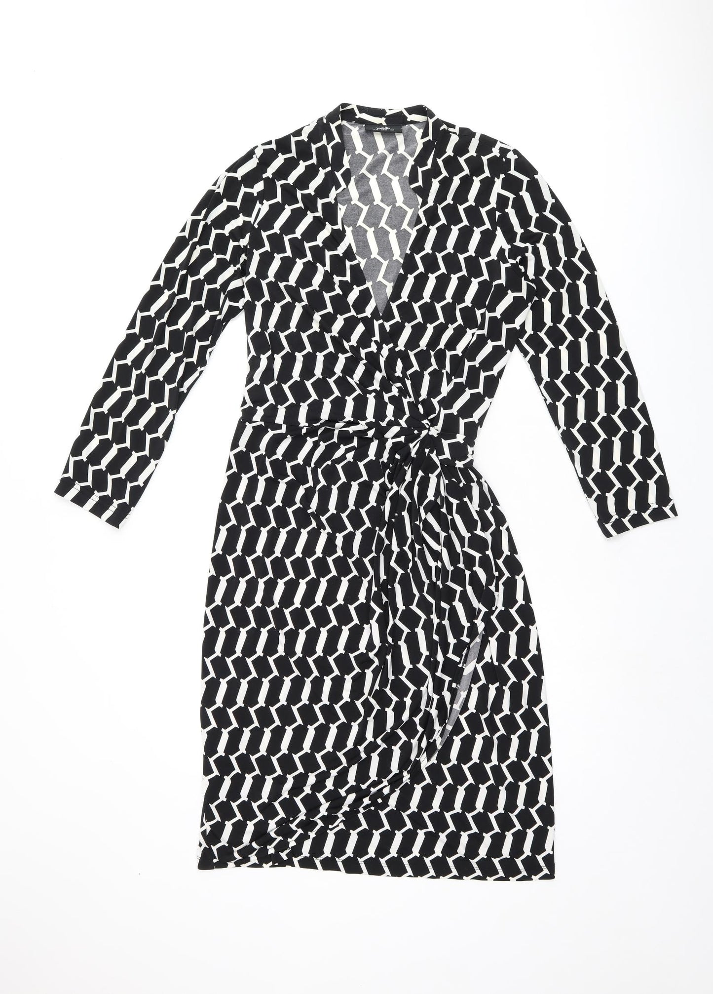 Wallis Womens Black Geometric Polyester Wrap Dress Size 10 V-Neck Tie