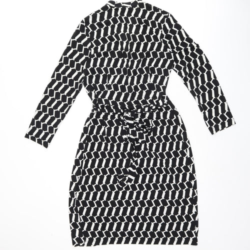 Wallis Womens Black Geometric Polyester Wrap Dress Size 10 V-Neck Tie