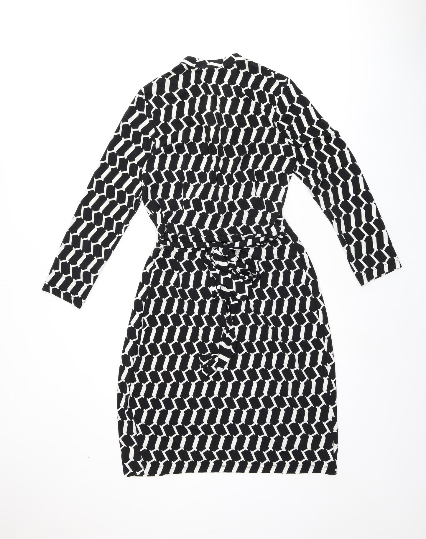 Wallis Womens Black Geometric Polyester Wrap Dress Size 10 V-Neck Tie