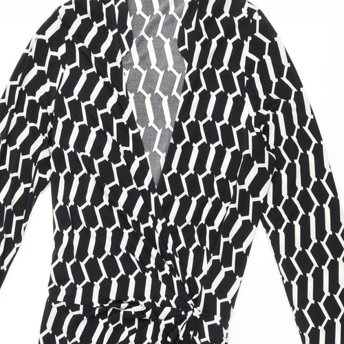 Wallis Womens Black Geometric Polyester Wrap Dress Size 10 V-Neck Tie