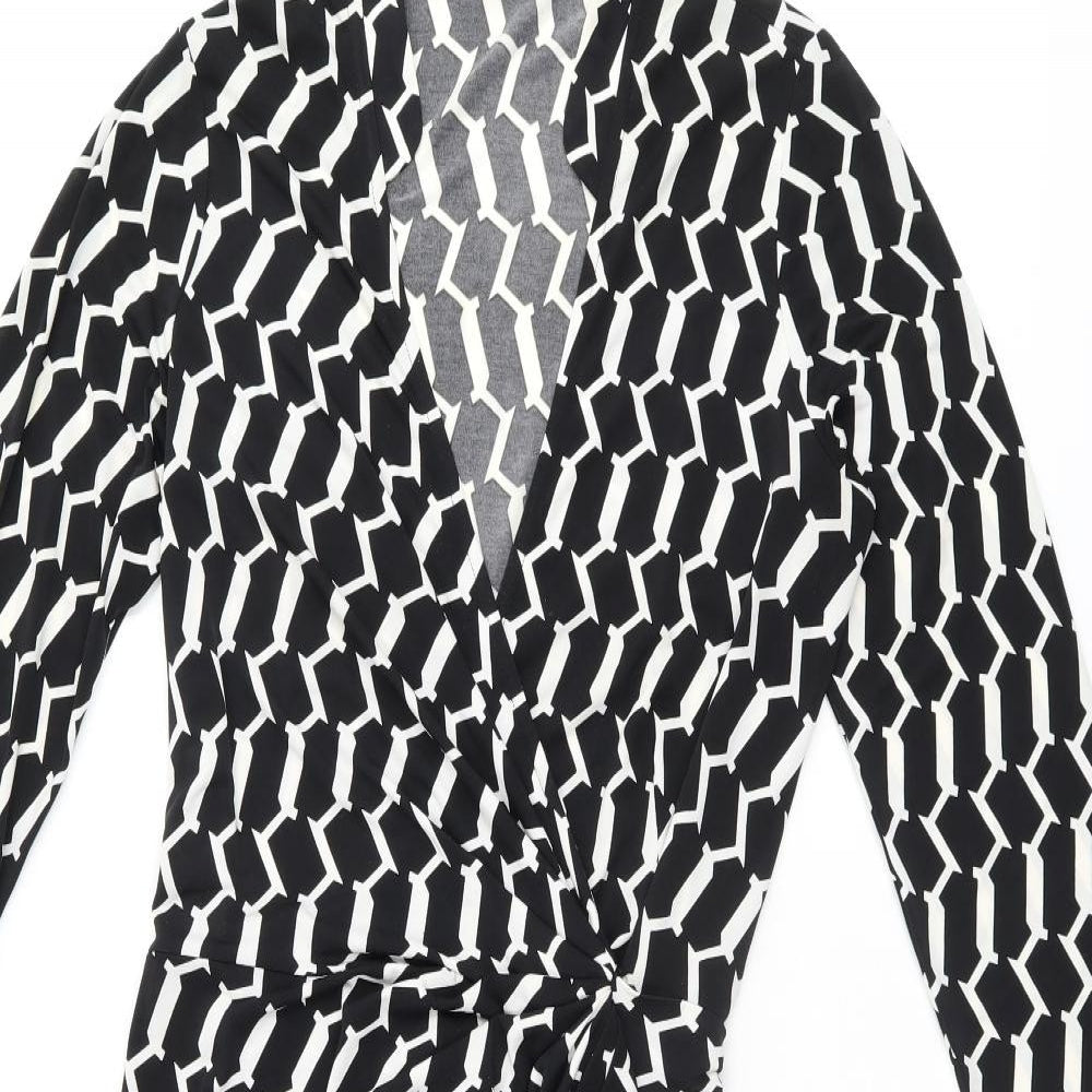 Wallis Womens Black Geometric Polyester Wrap Dress Size 10 V-Neck Tie