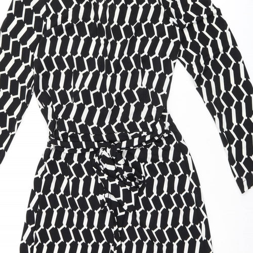 Wallis Womens Black Geometric Polyester Wrap Dress Size 10 V-Neck Tie