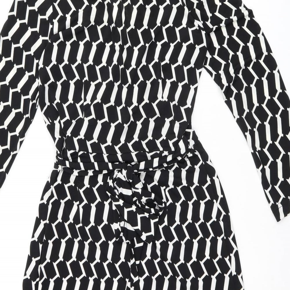 Wallis Womens Black Geometric Polyester Wrap Dress Size 10 V-Neck Tie