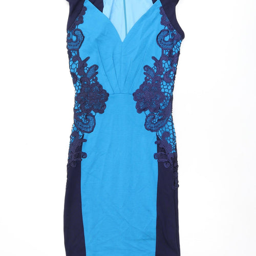 Little Mistress Womens Blue Viscose Bodycon Size 8 V-Neck Zip - Crochet Detail