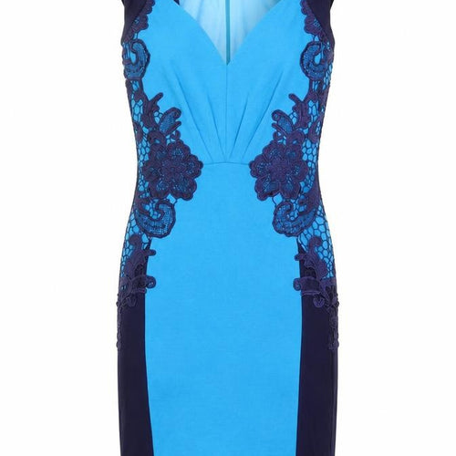 Little Mistress Womens Blue Viscose Bodycon Size 8 V-Neck Zip - Crochet Detail