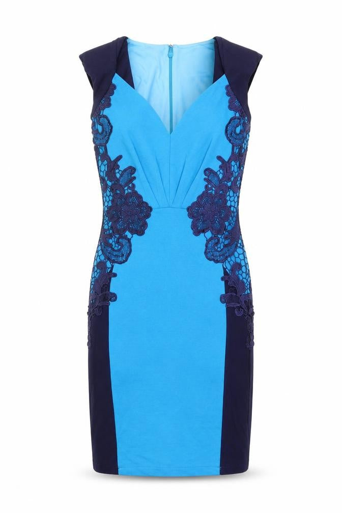 Little Mistress Womens Blue Viscose Bodycon Size 8 V-Neck Zip - Crochet Detail