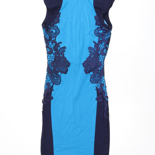 Little Mistress Womens Blue Viscose Bodycon Size 8 V-Neck Zip - Crochet Detail