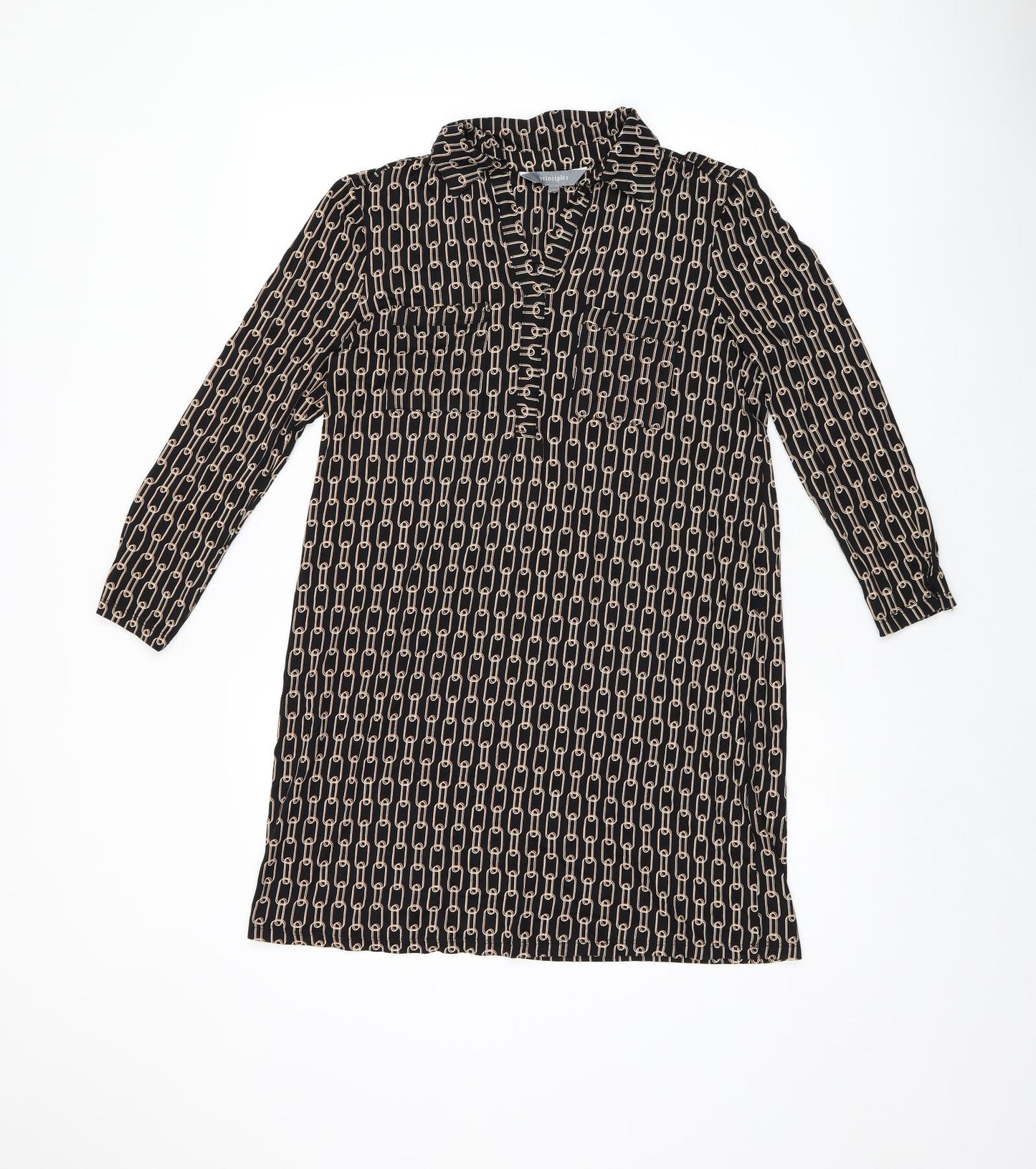 Principles Womens Black Geometric Polyester Shift Size 12 Collared Pullover - Chain detail