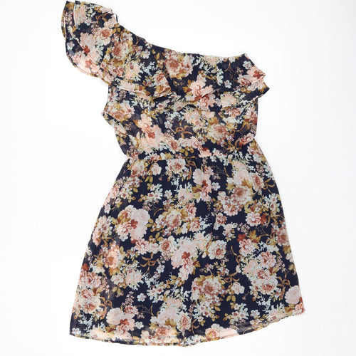 Stradivarius Womens Black Floral Polyester A-Line Size 10 One Shoulder Pullover - Ruffles