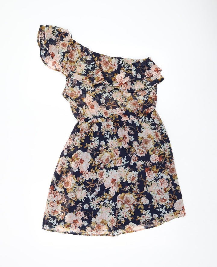 Stradivarius Womens Black Floral Polyester A-Line Size 10 One Shoulder Pullover - Ruffles