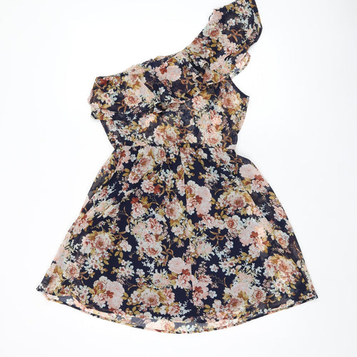 Stradivarius Womens Black Floral Polyester A-Line Size 10 One Shoulder Pullover - Ruffles