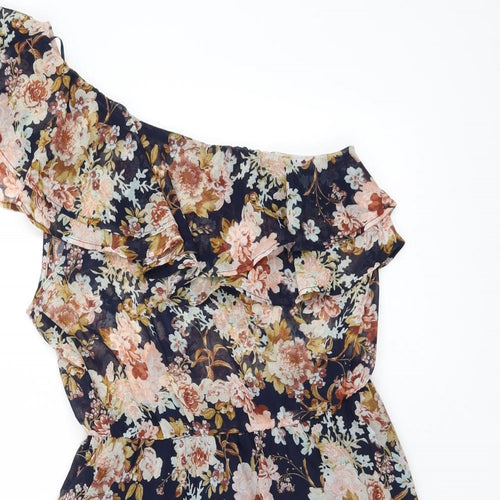 Stradivarius Womens Black Floral Polyester A-Line Size 10 One Shoulder Pullover - Ruffles
