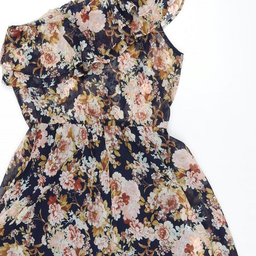 Stradivarius Womens Black Floral Polyester A-Line Size 10 One Shoulder Pullover - Ruffles