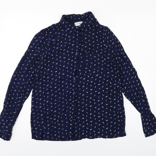 Pull&Bear Womens Blue Geometric Cotton Basic Button-Up Size M Collared