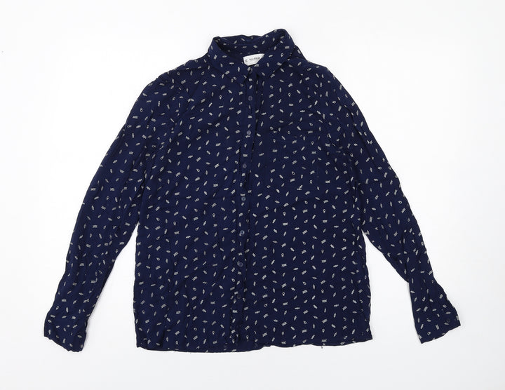Pull&Bear Womens Blue Geometric Cotton Basic Button-Up Size M Collared