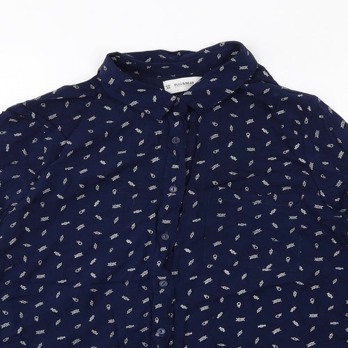 Pull&Bear Womens Blue Geometric Cotton Basic Button-Up Size M Collared