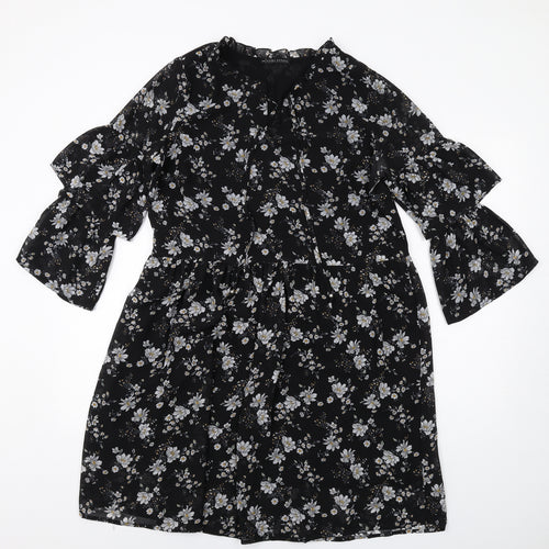 Carry Casual Womens Black Floral Polyester A-Line Size L V-Neck Pullover