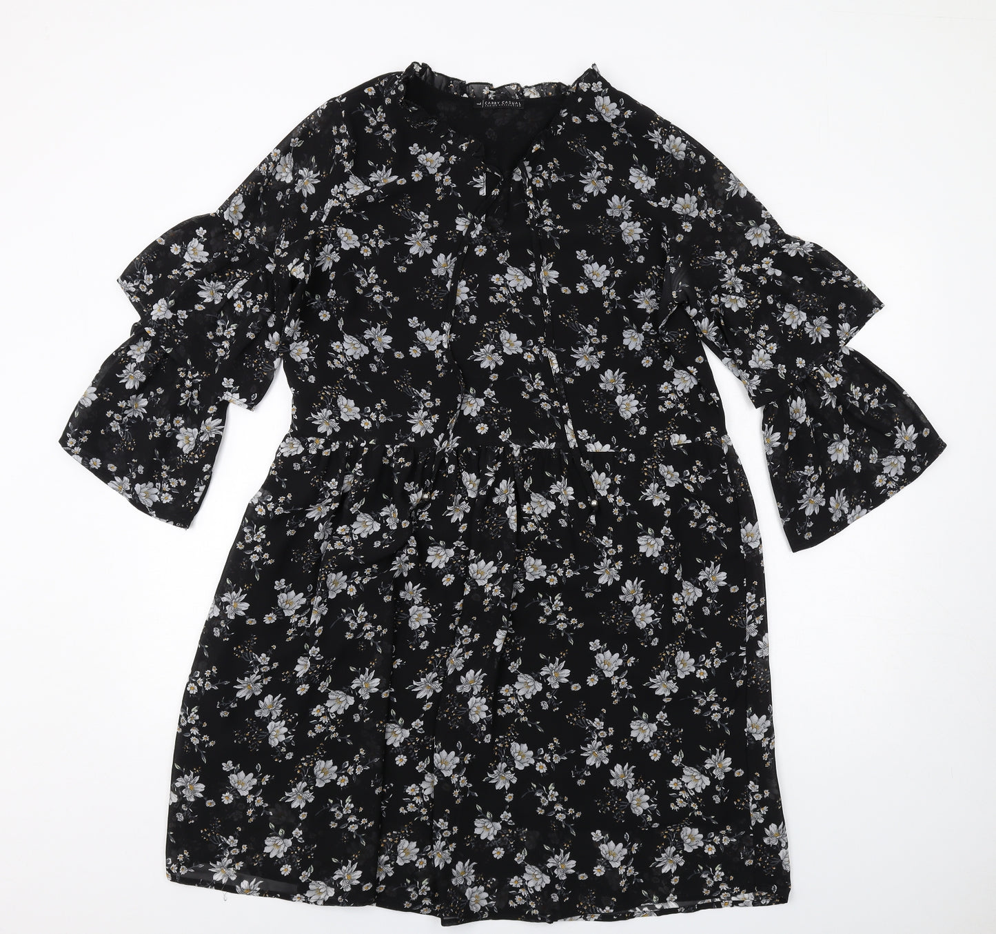 Carry Casual Womens Black Floral Polyester A-Line Size L V-Neck Pullover