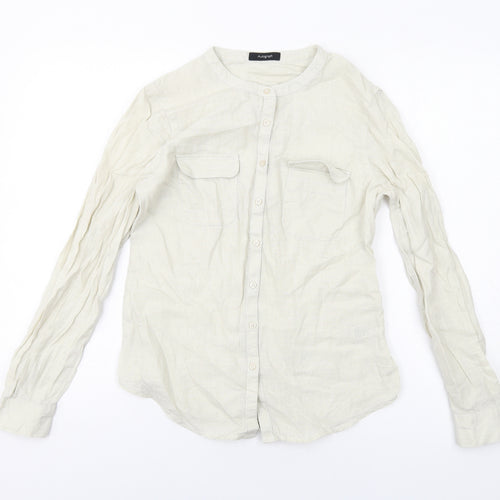 Autograph Womens Beige Linen Basic Button-Up Size 6 Round Neck