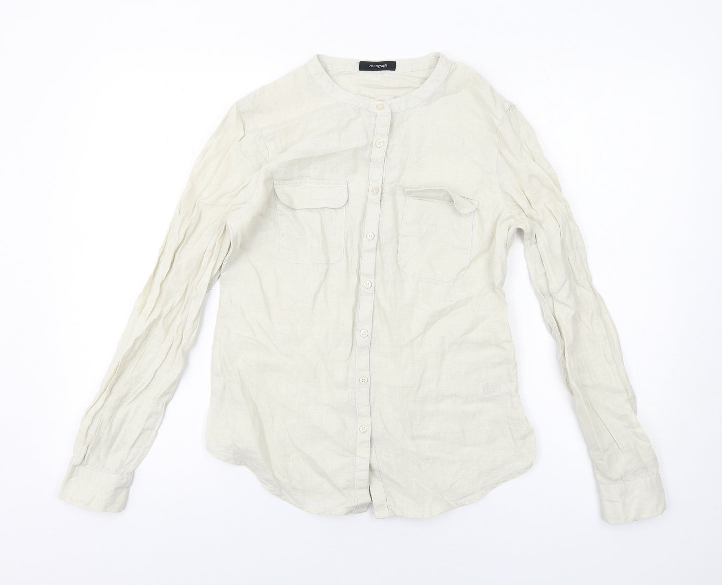 Autograph Womens Beige Linen Basic Button-Up Size 6 Round Neck