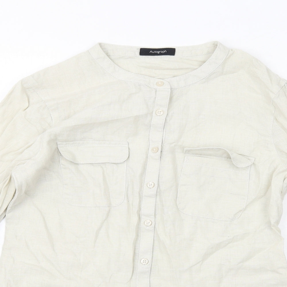 Autograph Womens Beige Linen Basic Button-Up Size 6 Round Neck