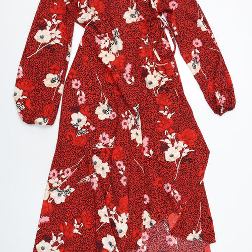 Wallis Womens Red Geometric Polyester Wrap Dress Size 8 V-Neck Tie - Leopard Print Flowers