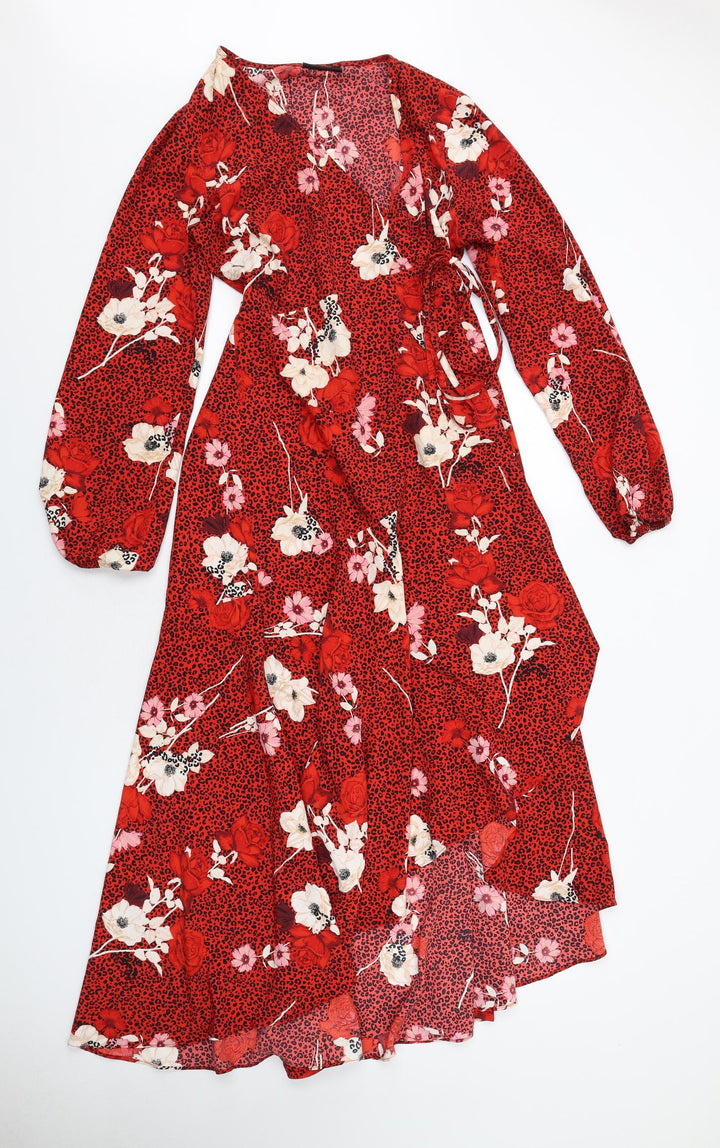 Wallis Womens Red Geometric Polyester Wrap Dress Size 8 V-Neck Tie - Leopard Print Flowers