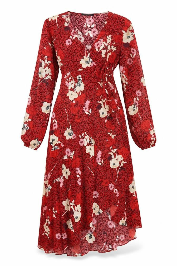 Wallis Womens Red Geometric Polyester Wrap Dress Size 8 V-Neck Tie - Leopard Print Flowers
