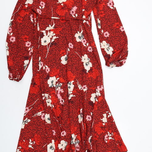 Wallis Womens Red Geometric Polyester Wrap Dress Size 8 V-Neck Tie - Leopard Print Flowers