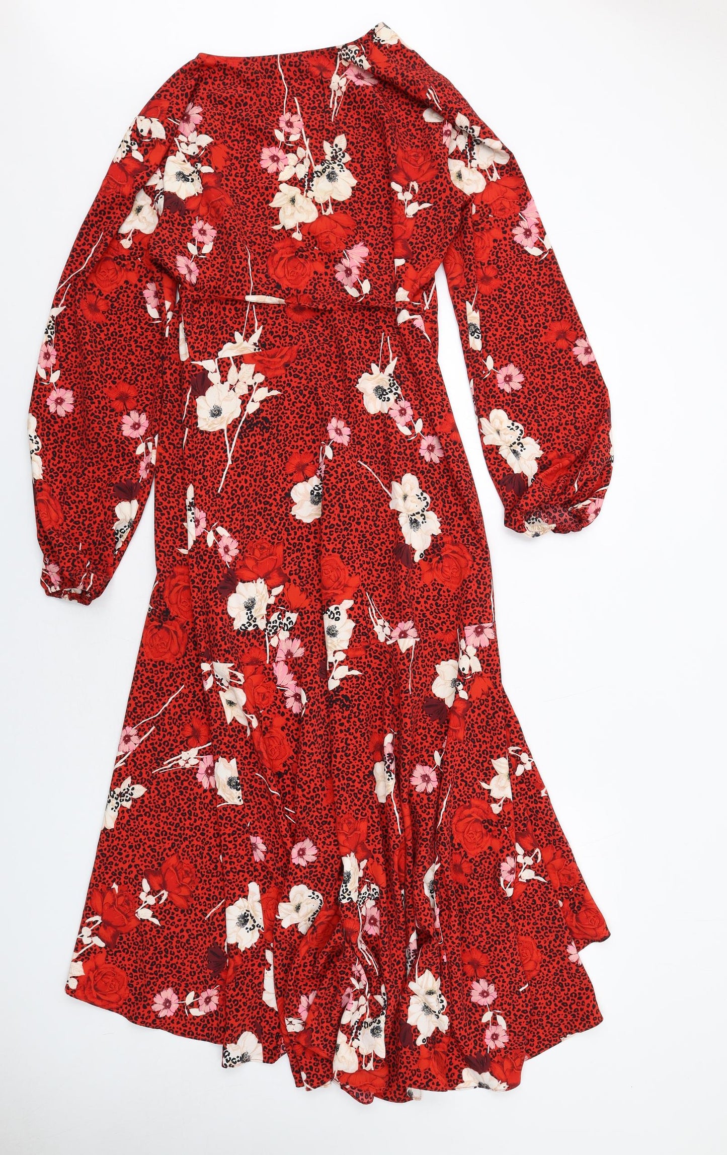 Wallis Womens Red Geometric Polyester Wrap Dress Size 8 V-Neck Tie - Leopard Print Flowers