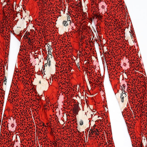 Wallis Womens Red Geometric Polyester Wrap Dress Size 8 V-Neck Tie - Leopard Print Flowers