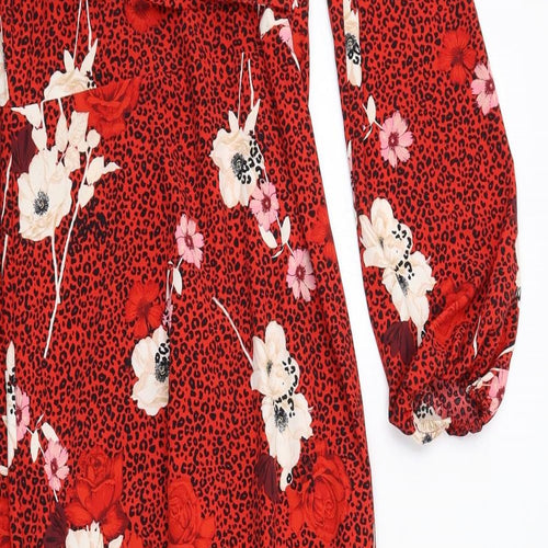 Wallis Womens Red Geometric Polyester Wrap Dress Size 8 V-Neck Tie - Leopard Print Flowers