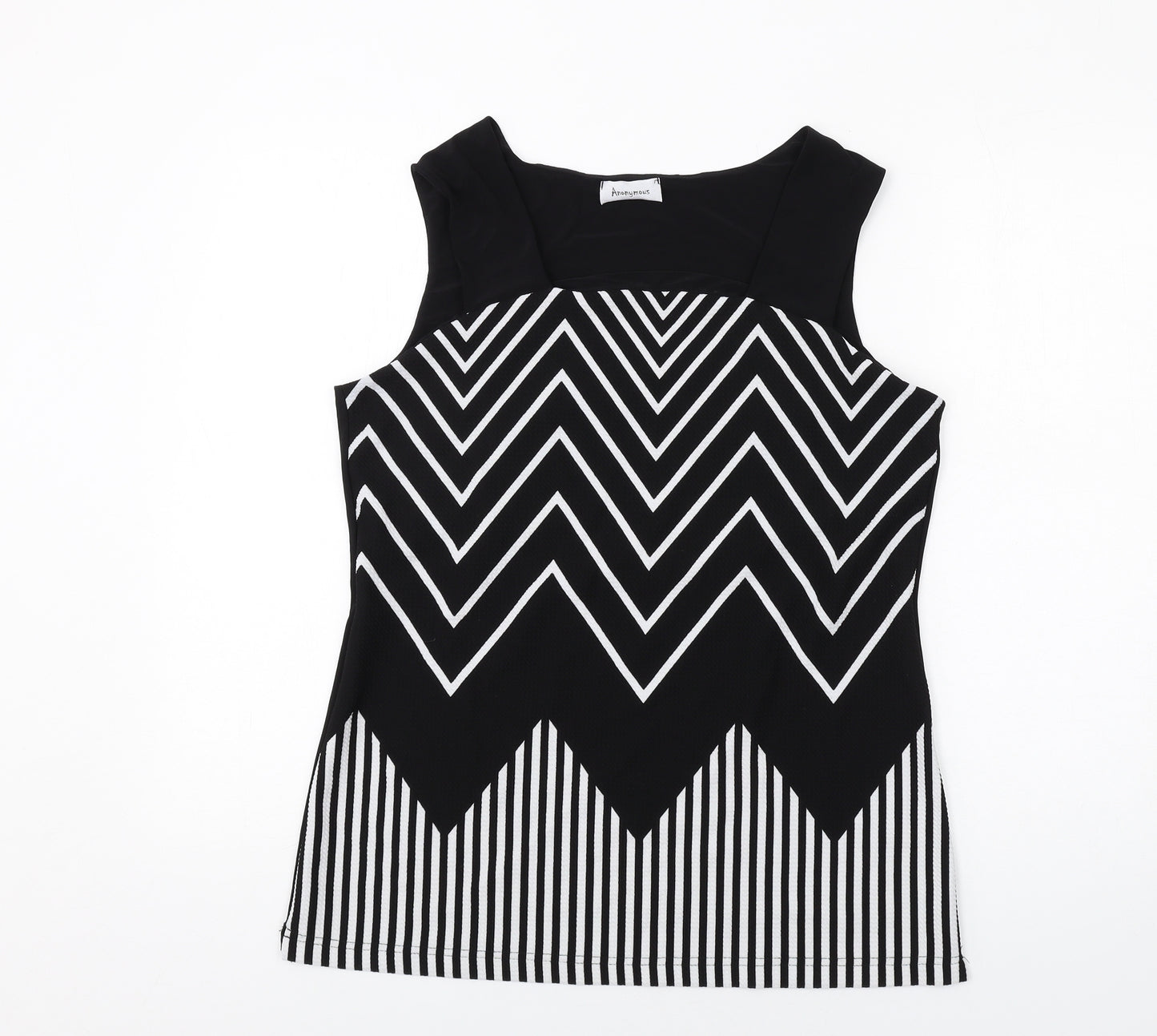 Anonymous Womens Black Geometric Polyester Basic Tank Size 16 Square Neck