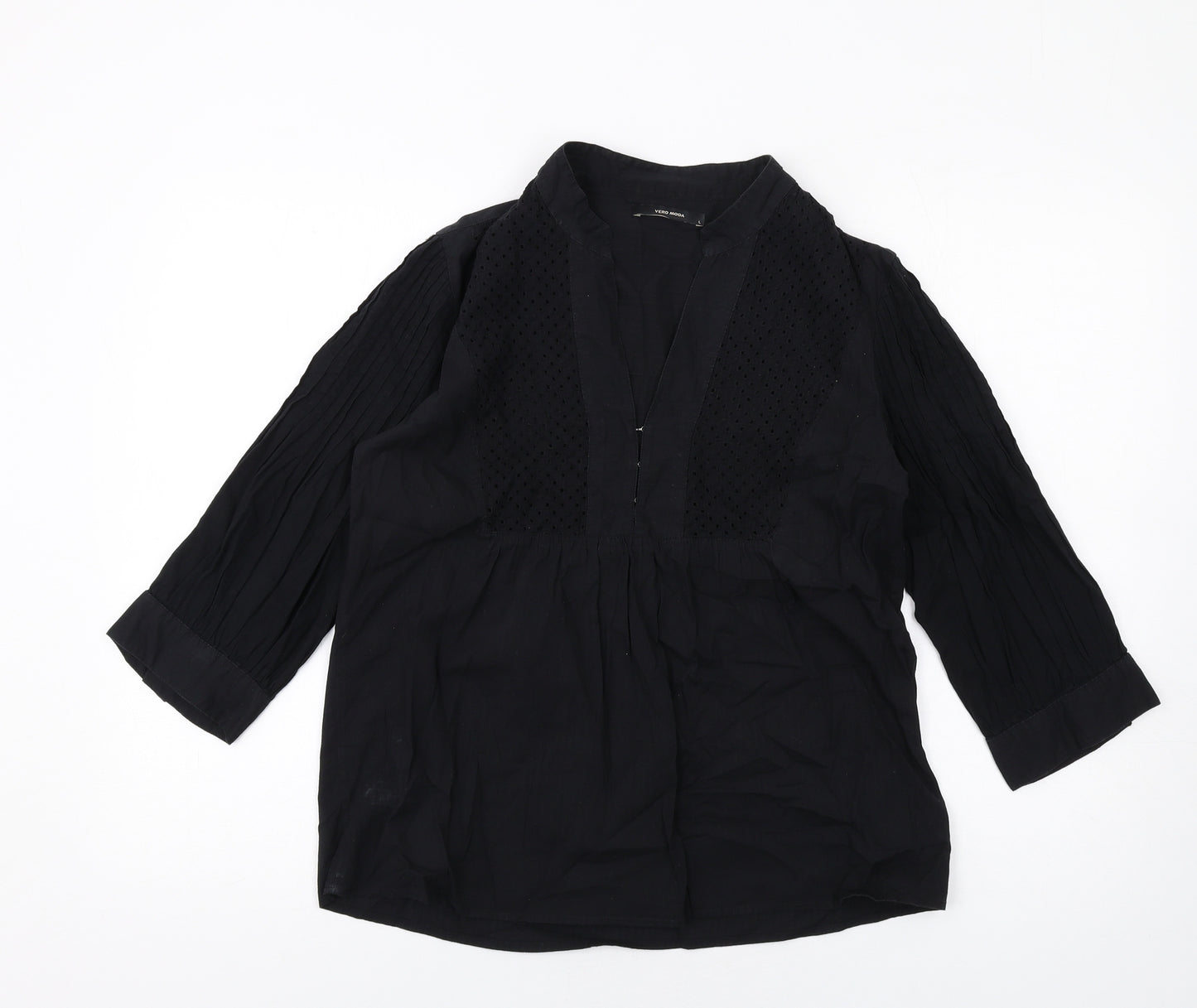 VERO MODA Womens Black Cotton Basic Blouse Size L V-Neck