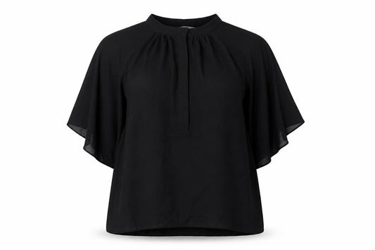 Front view of H&M women’s black polyester basic blouse, size L, roll neck