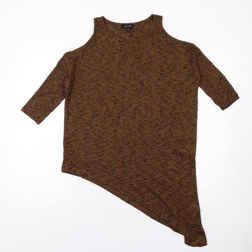 New Look Womens Brown Polyester Basic T-Shirt Size 10 Round Neck - Cold Shoulder Asymmetric Hem
