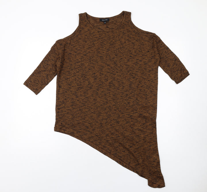 New Look Womens Brown Polyester Basic T-Shirt Size 10 Round Neck - Cold Shoulder Asymmetric Hem
