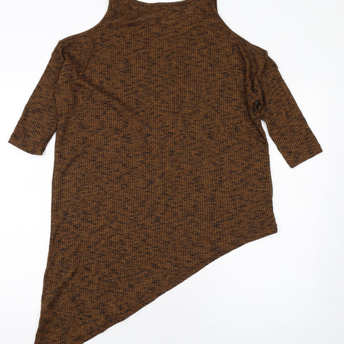 New Look Womens Brown Polyester Basic T-Shirt Size 10 Round Neck - Cold Shoulder Asymmetric Hem