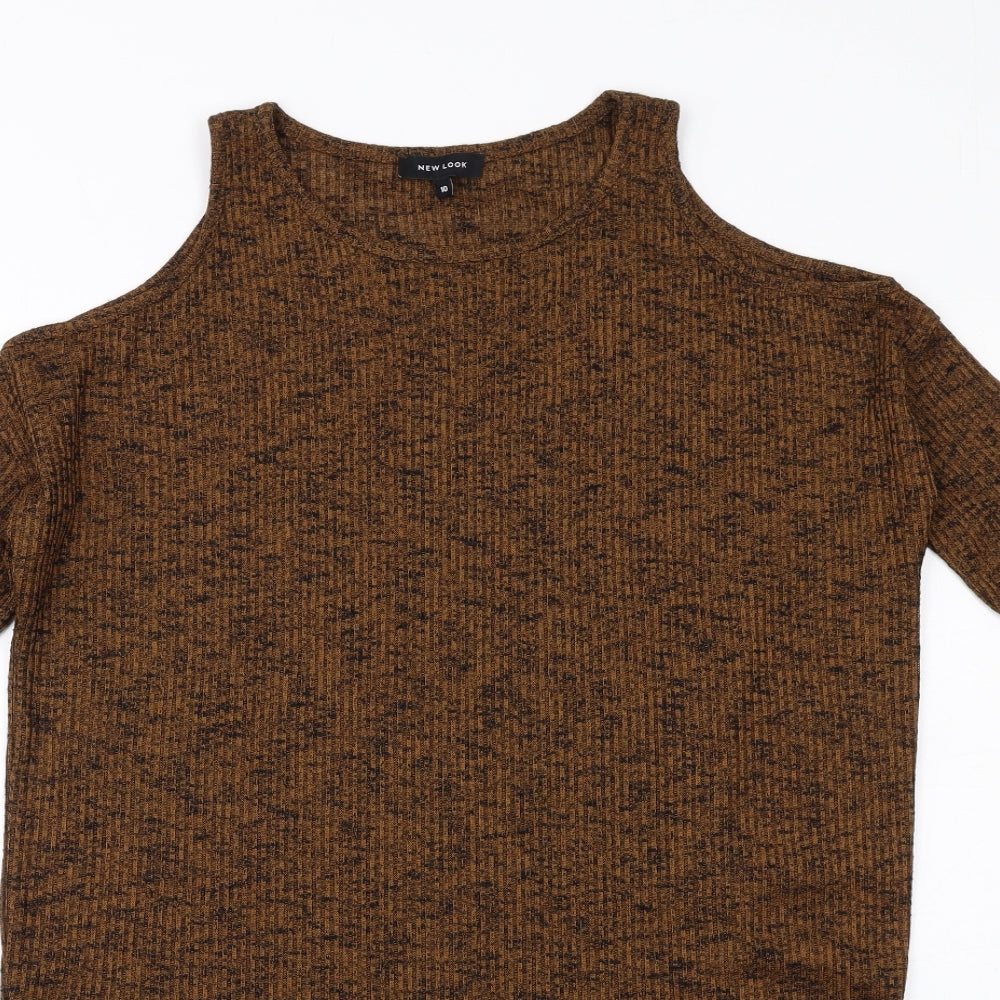 New Look Womens Brown Polyester Basic T-Shirt Size 10 Round Neck - Cold Shoulder Asymmetric Hem