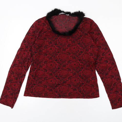 MORE & MORE Womens Red Geometric Polyamide Basic T-Shirt Size 14 Scoop Neck - Fur Collar