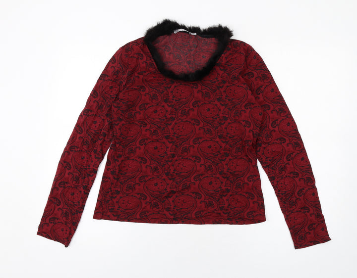 MORE & MORE Womens Red Geometric Polyamide Basic T-Shirt Size 14 Scoop Neck - Fur Collar
