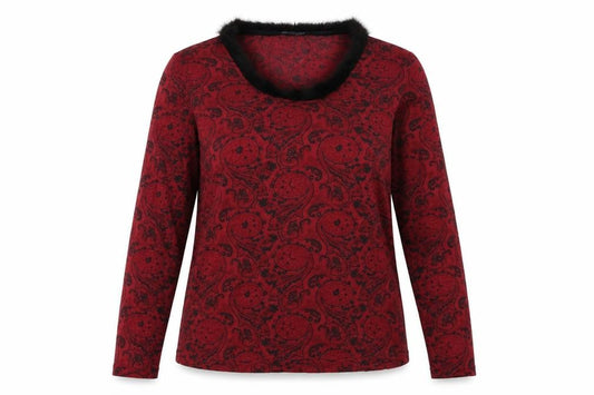 Front view of MORE & MORE women’s red geometric polyamide basic t-shirt, size UK 14, scoop neck - fur collar