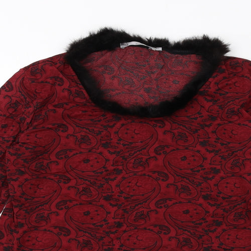 MORE & MORE Womens Red Geometric Polyamide Basic T-Shirt Size 14 Scoop Neck - Fur Collar