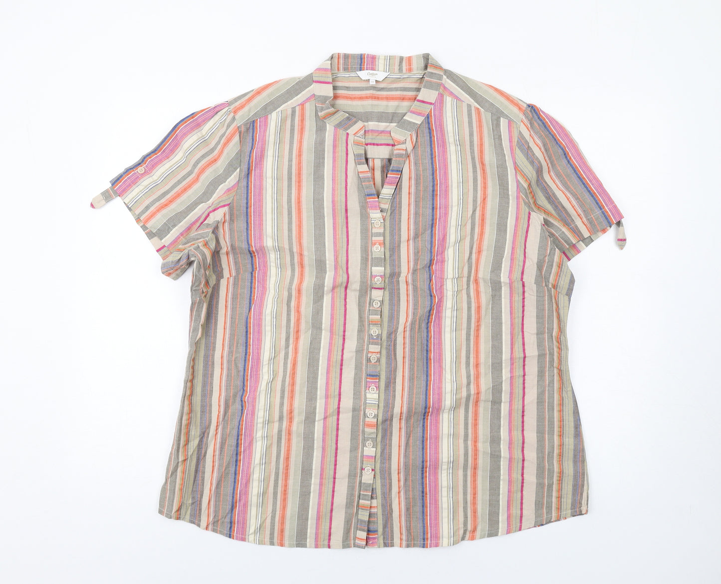Cotton Traders Womens Multicoloured Striped Cotton Basic Button-Up Size 18 V-Neck