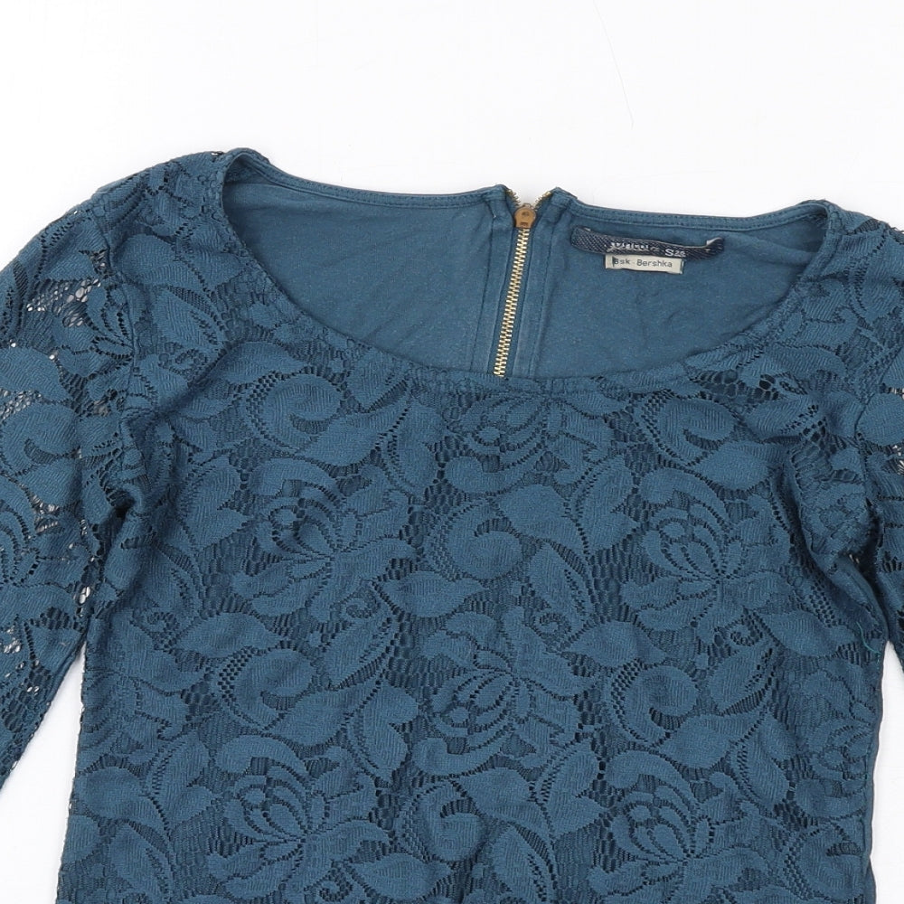 Bershka Womens Blue Polyester Basic T-Shirt Size S Round Neck