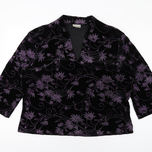 Roman Womens Black Floral Polyester Basic T-Shirt Size XL V-Neck