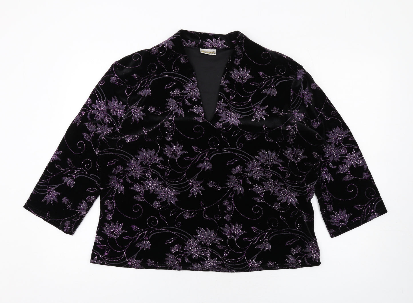 Roman Womens Black Floral Polyester Basic T-Shirt Size XL V-Neck