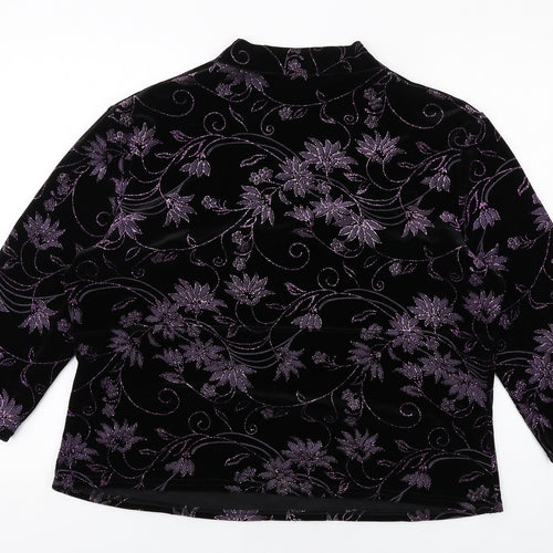 Roman Womens Black Floral Polyester Basic T-Shirt Size XL V-Neck