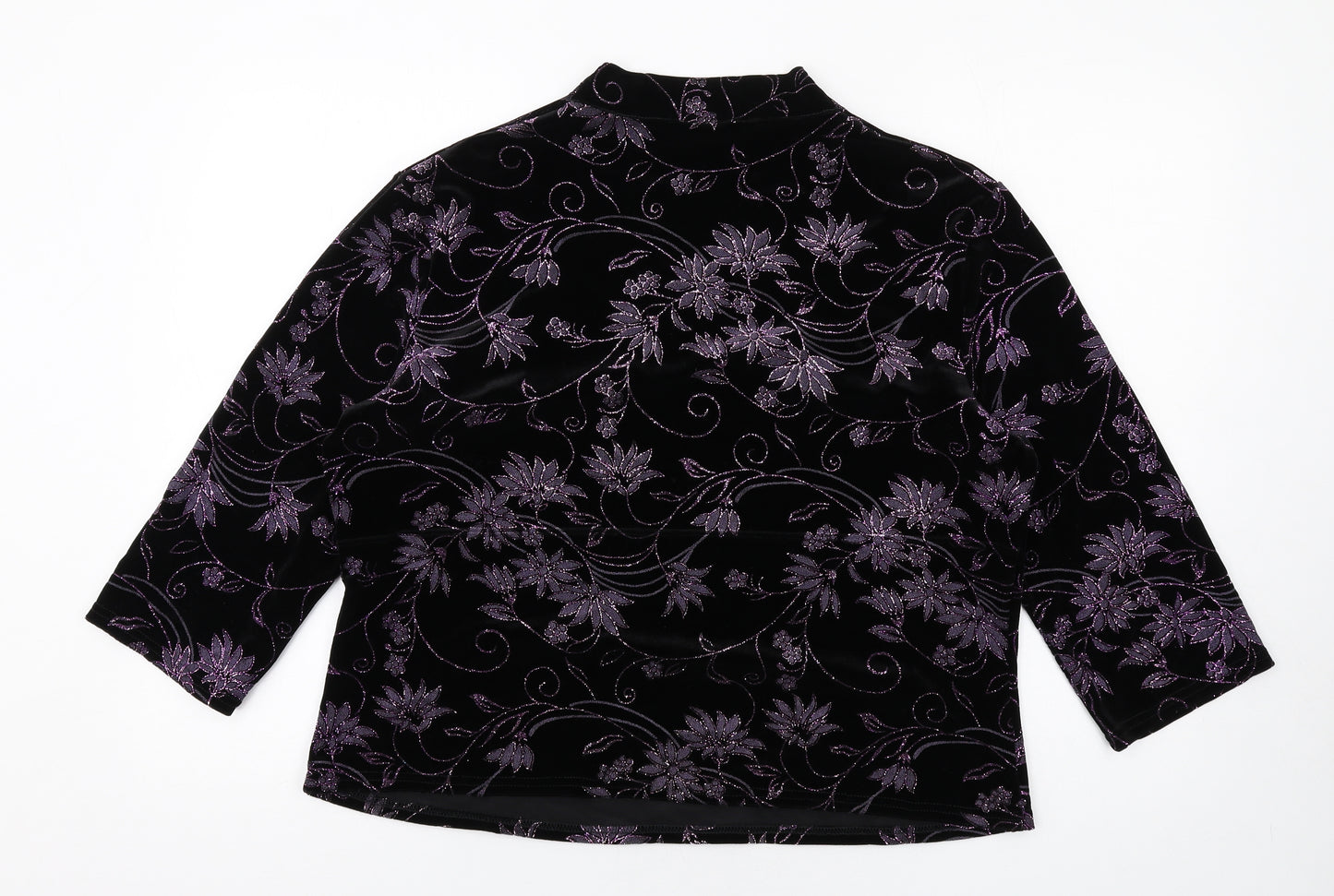 Roman Womens Black Floral Polyester Basic T-Shirt Size XL V-Neck