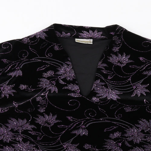 Roman Womens Black Floral Polyester Basic T-Shirt Size XL V-Neck
